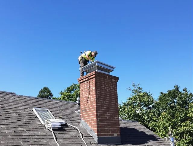 Bloomfield Chimney Sweep technician measuring a chimney cap in Bloomfield, CT