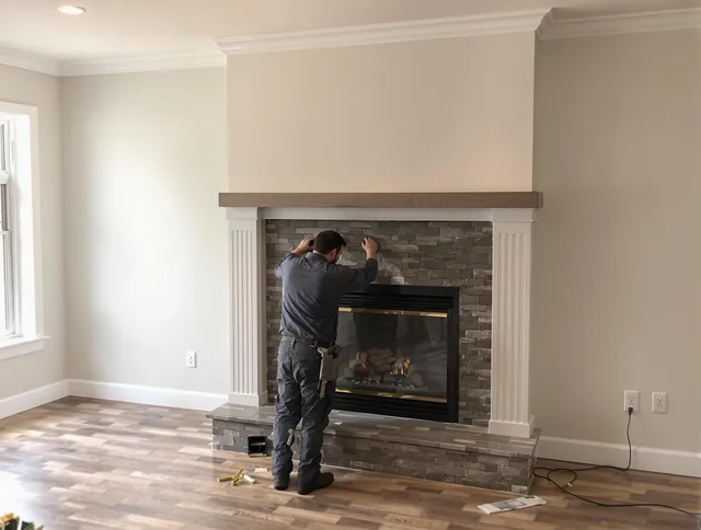 Bloomfield Chimney Sweep finishing a custom fireplace install in Bloomfield, CT